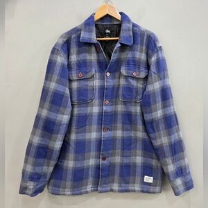 Stussy Flannel Plaid Quilted Jacket Blue Pockets Men's Size Large